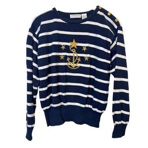 Liz Claiborne Vintage Sweater Large Nautical Navy White Anchor Gold‎ Buttons